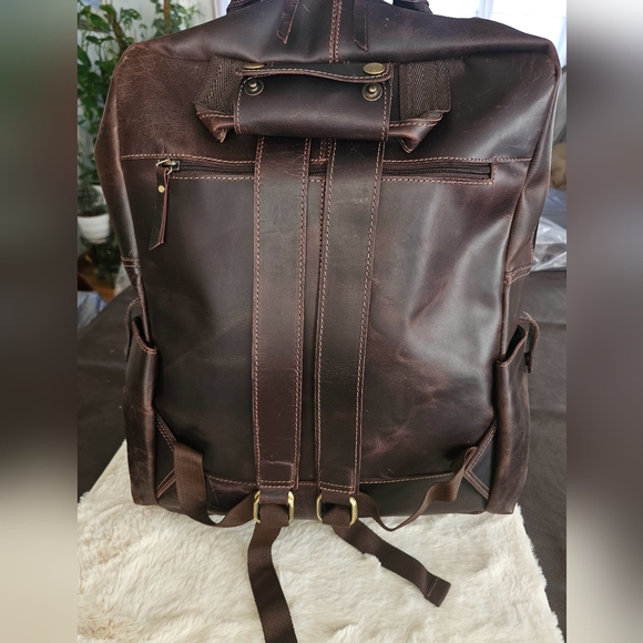 Brown Genuine Leather Backpack with Multiple Pockets - Picture 2 of 13